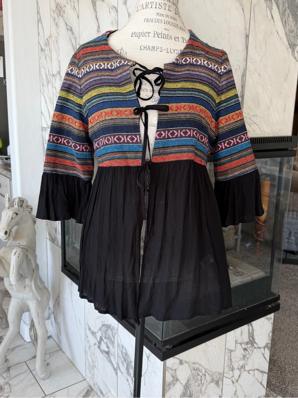 Pleione Anthropology Multicolor Striped Yoke Black Tie-Front Peasant Top M - Picture 2 of 9